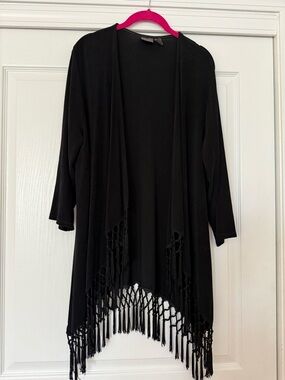 Chico's Travelers Black Fringe Open-Front Topper